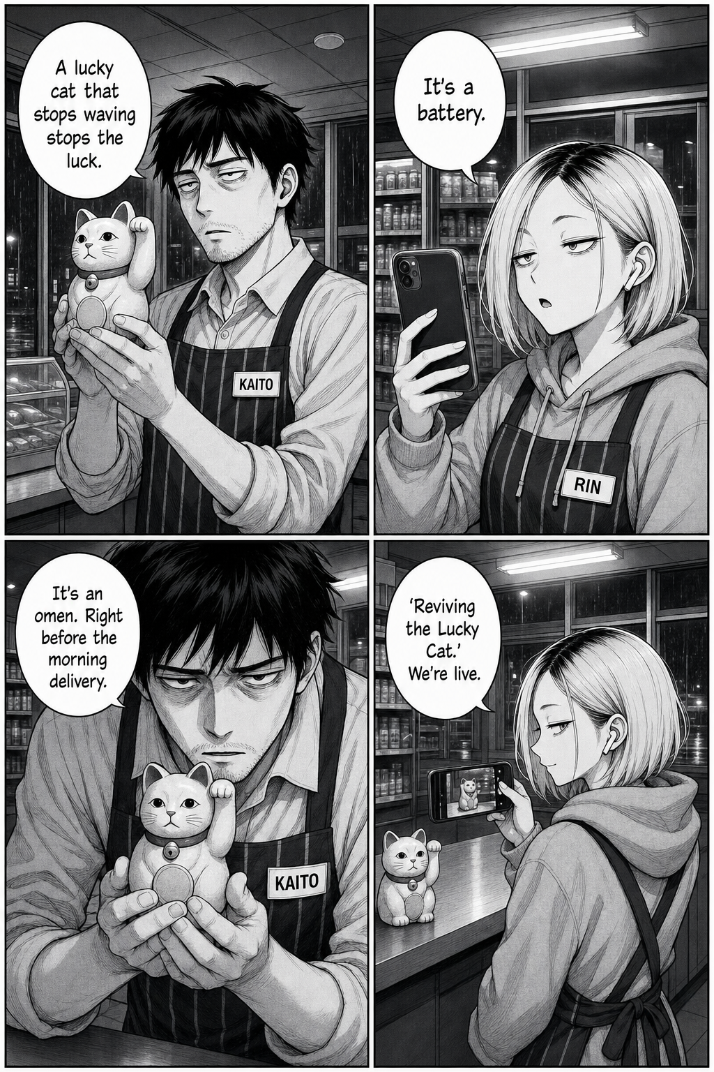 Kaito holds the lucky cat up, insisting it's an omen; Rin says it's a battery and starts livestreaming.