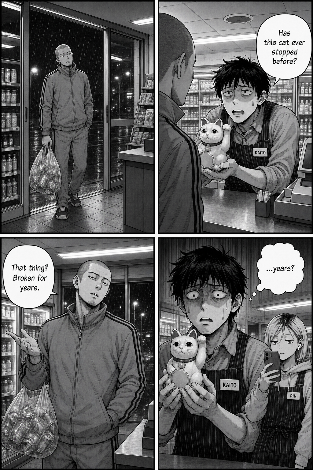 The tracksuit regular enters; Kaito asks if the cat ever stopped before and is told it's been broken for years.