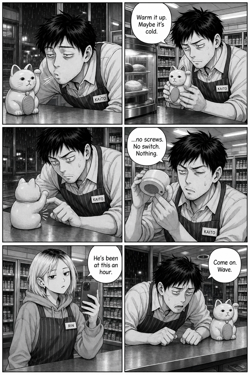 Kaito tries everything to revive the cat — blowing on it, warming it, checking its base — as Rin narrates flatly.