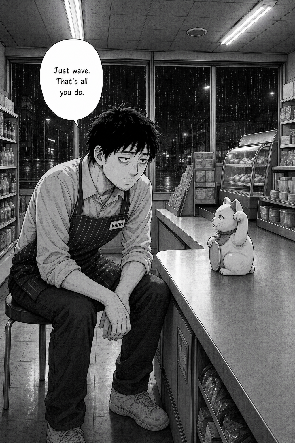Kaito sits on a stool behind the counter at eye level with the silent lucky cat, talking to it.