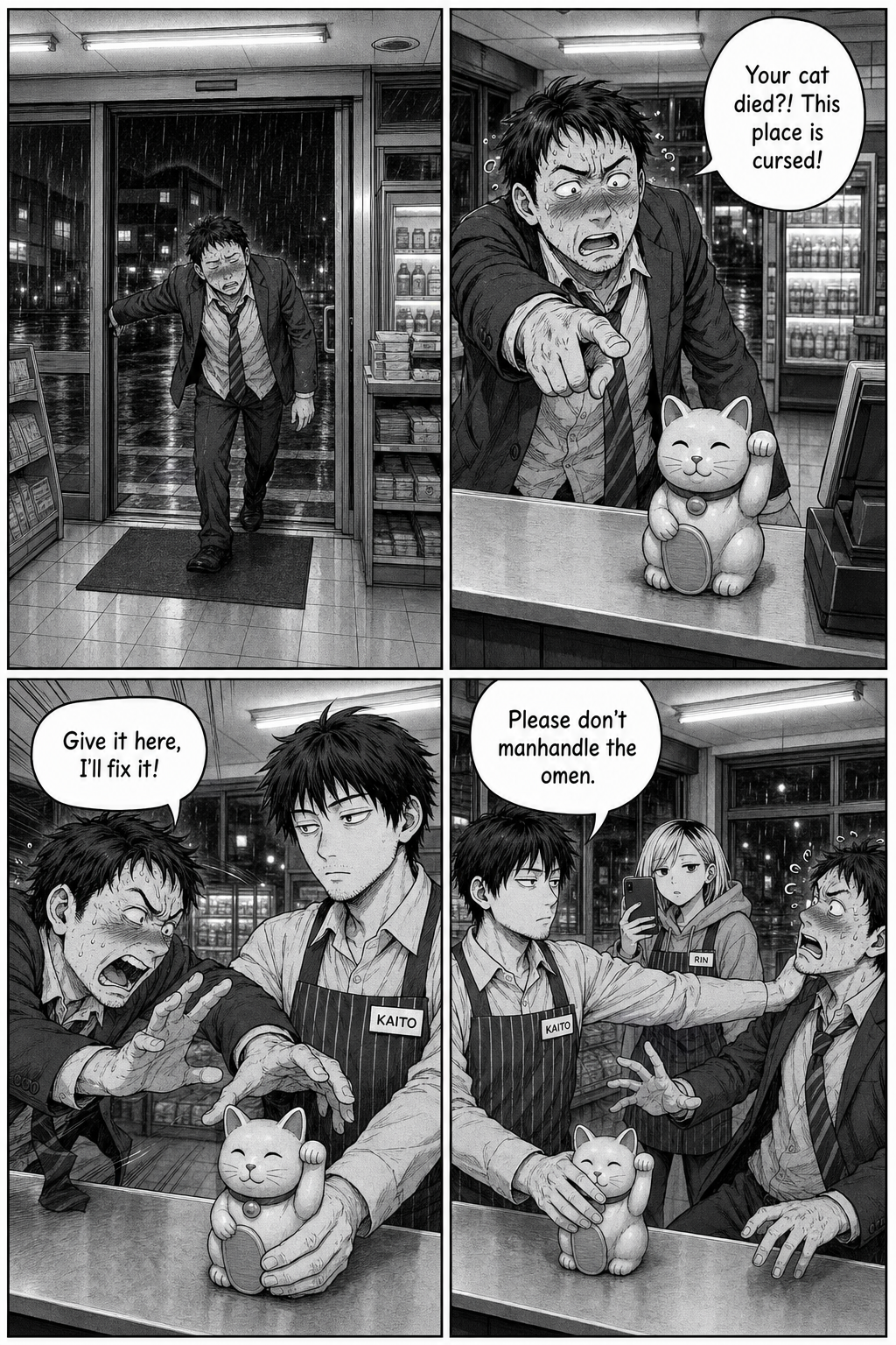 A drunk salaryman panics that the cat died and lunges for it; Kaito shields it and holds him off.