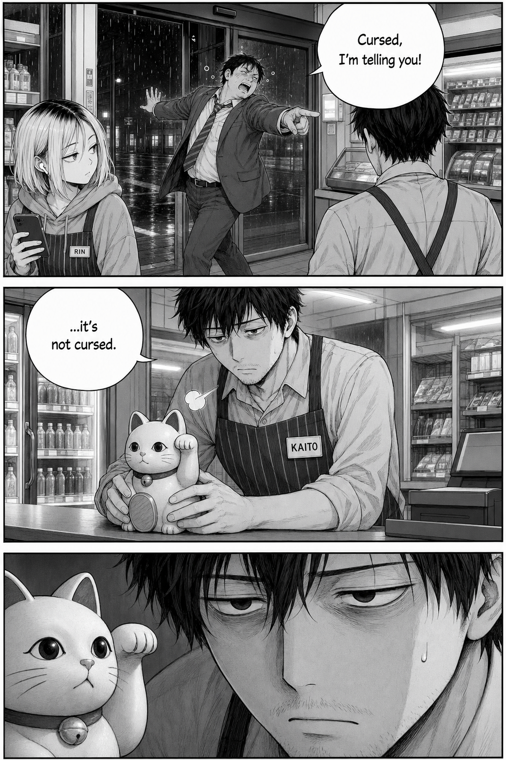 The salaryman leaves still shouting 'cursed'; Kaito sets the cat back and stares at its dead paw in silence.