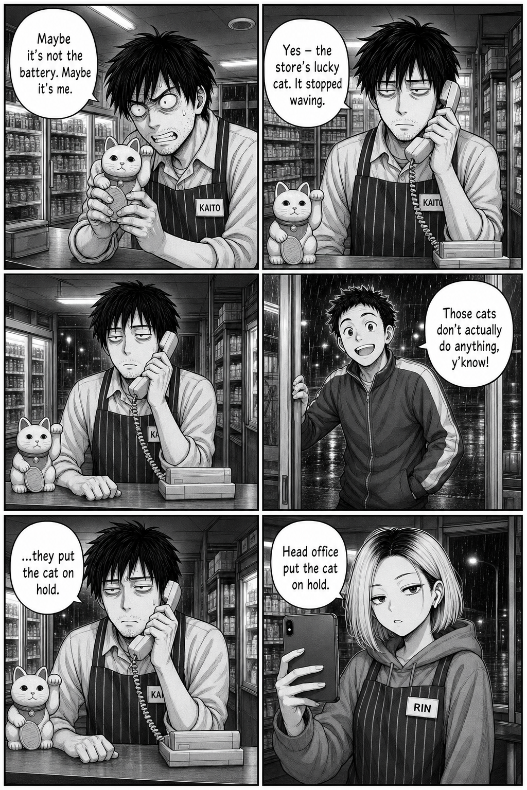 Kaito phones head office about the cat and is put on hold; a jogger says the cats do nothing; Rin deadpans.