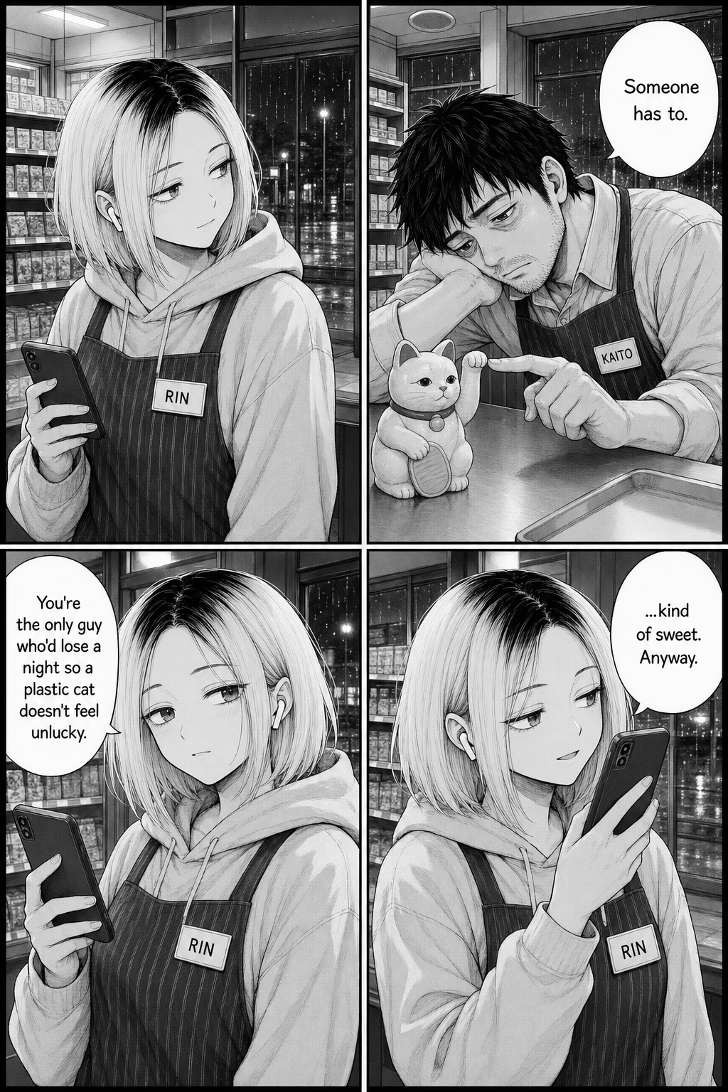 Rin lowers her phone and admits Kaito's the only one who'd do this, then raises it again.