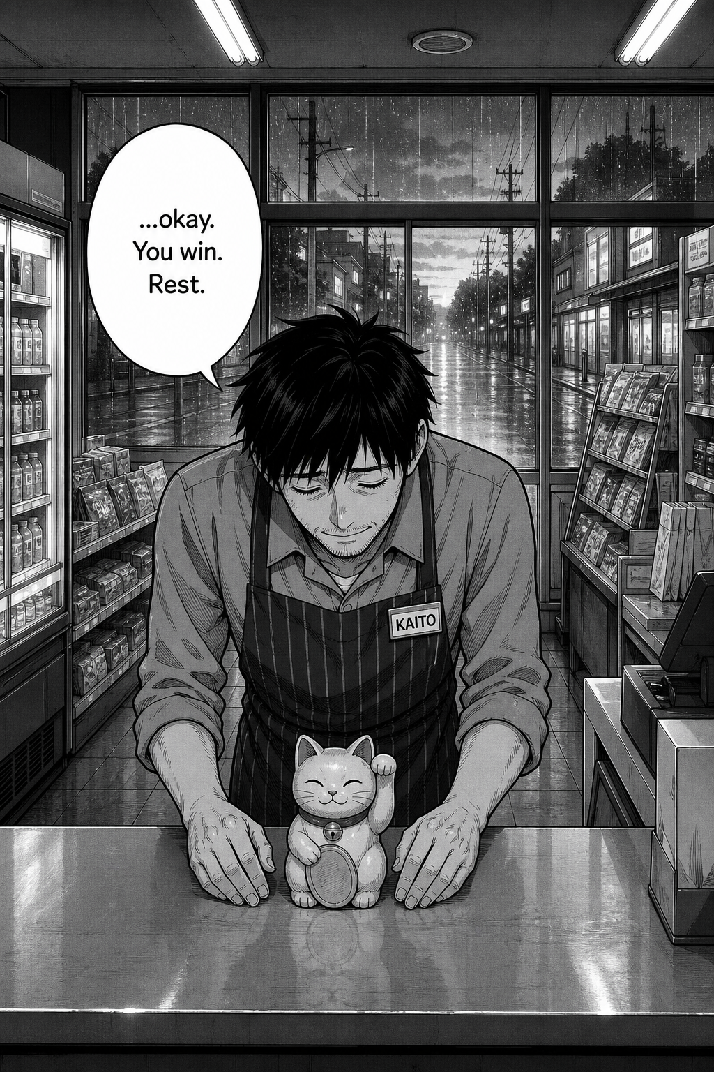 At faint dawn Kaito sets the cat upright with a small bow and a worn smile, finally giving up.