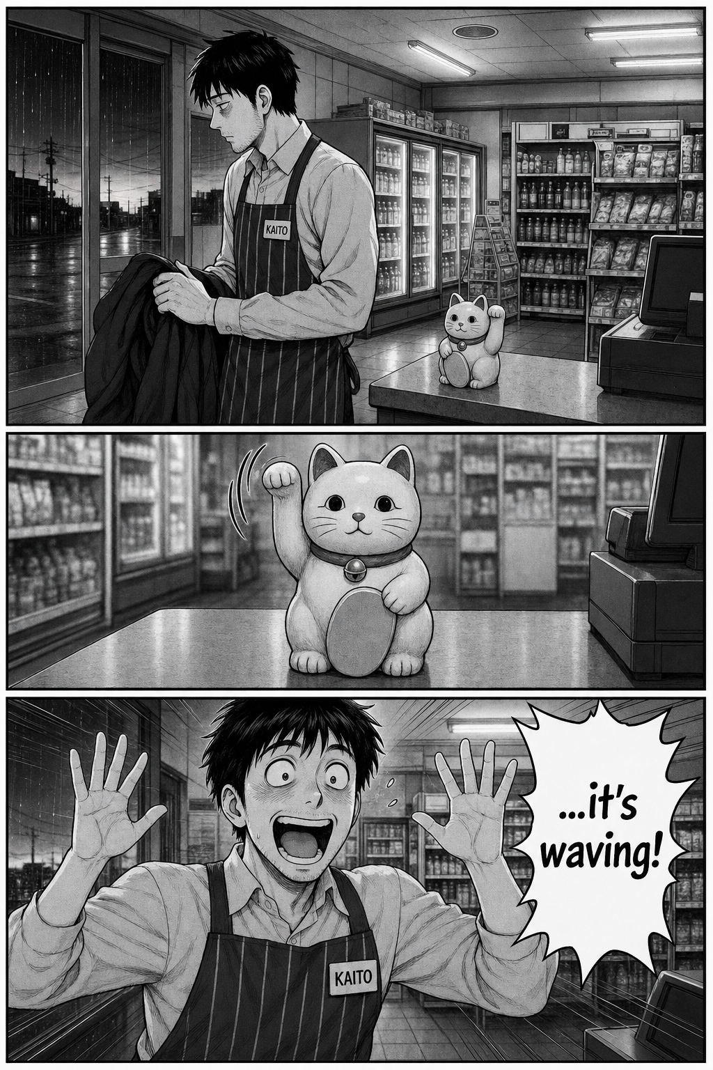 As Kaito turns away, the cat's paw lifts and waves on its own; he whirls back, overjoyed.