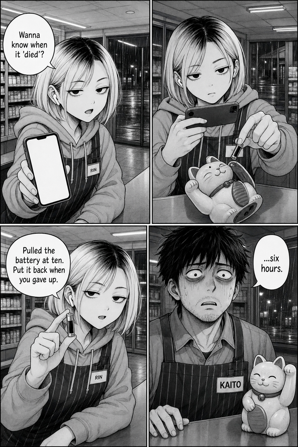 Rin reveals she pulled the cat's battery at ten and put it back when he gave up; Kaito is stunned.