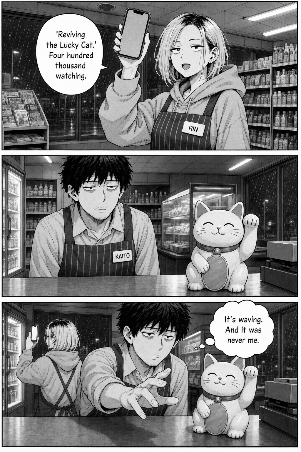 Rin's stream has hundreds of thousands watching; the cat waves happily while Kaito reaches for it, empty.