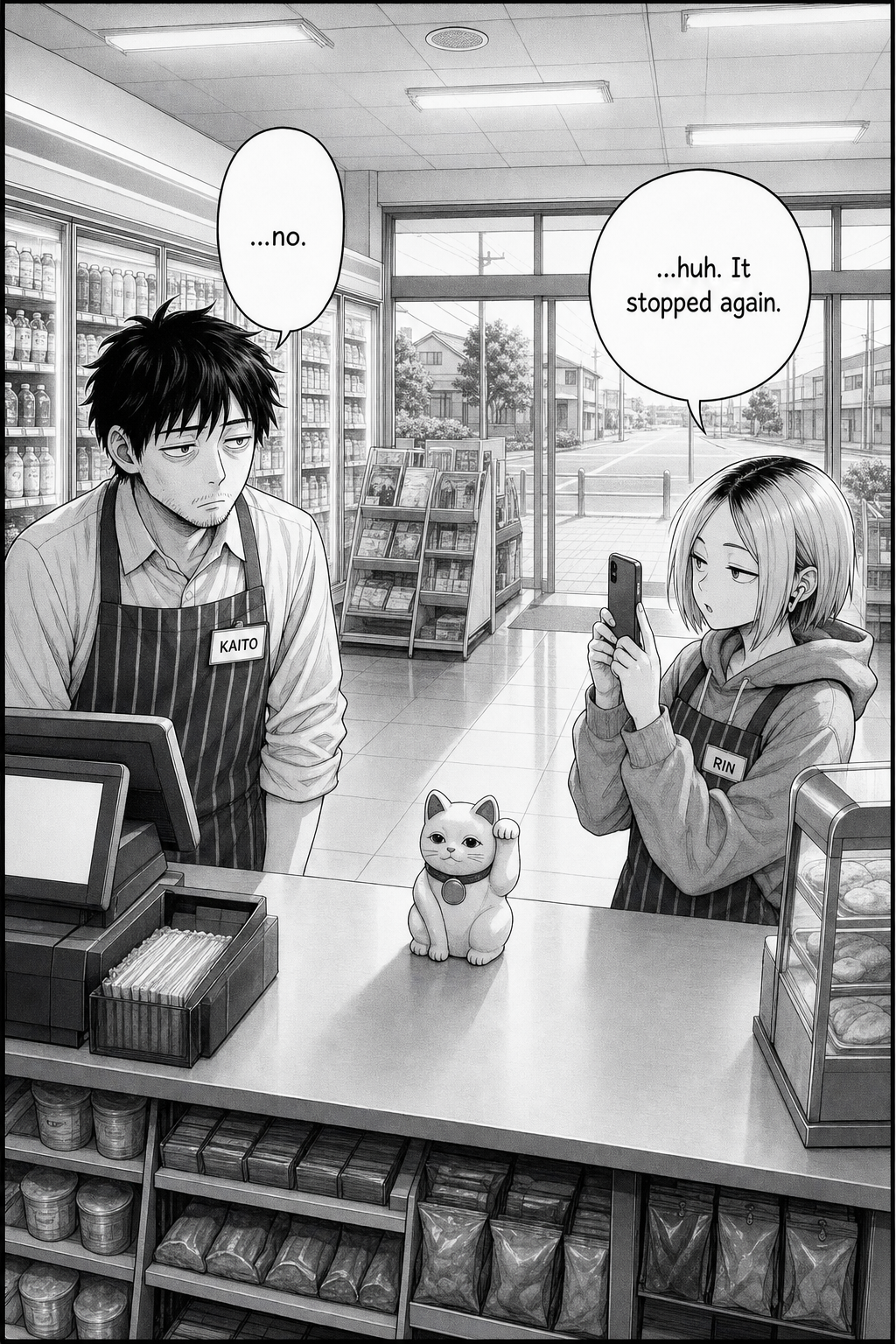 Morning daylight fills the same store; the cat has frozen mid-wave again as Rin raises her phone.