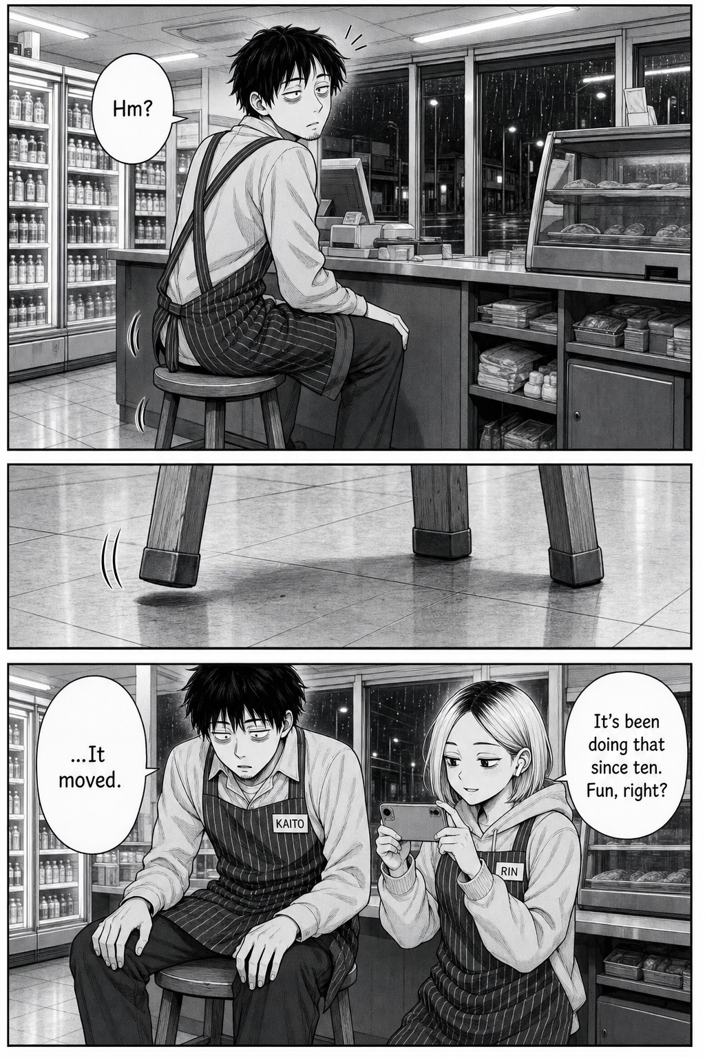 Kaito shifts on the stool and it tips; a close-up shows one stool foot lifted off the floor with a gap; then Kaito stares down while Rin films with a smirk.