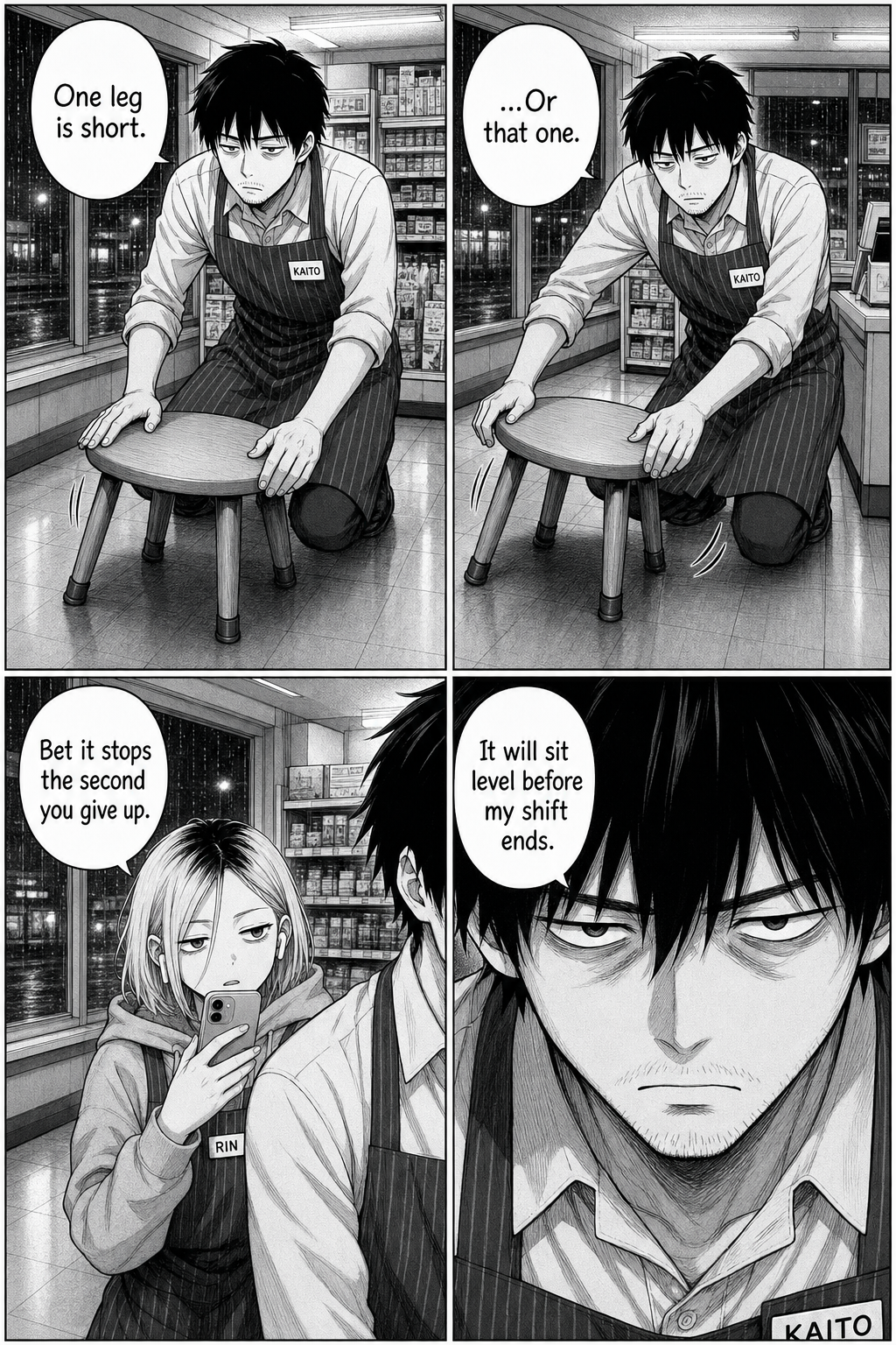 Kaito presses each corner of the stool seat and it rocks both ways; Rin films; a tight close-up shows his grim, resolved face.