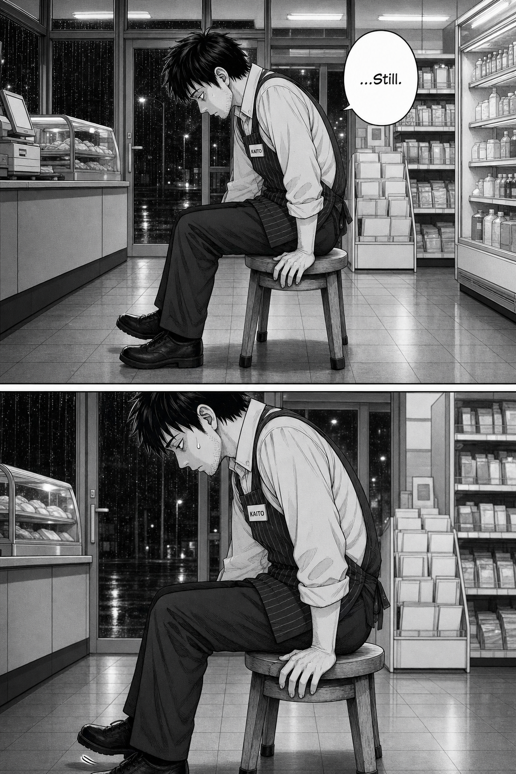 Side view of Kaito seated on the stool, palm flat on the seat, head bowed dead-eyed; a tighter panel shows a single sweat drop, silent.