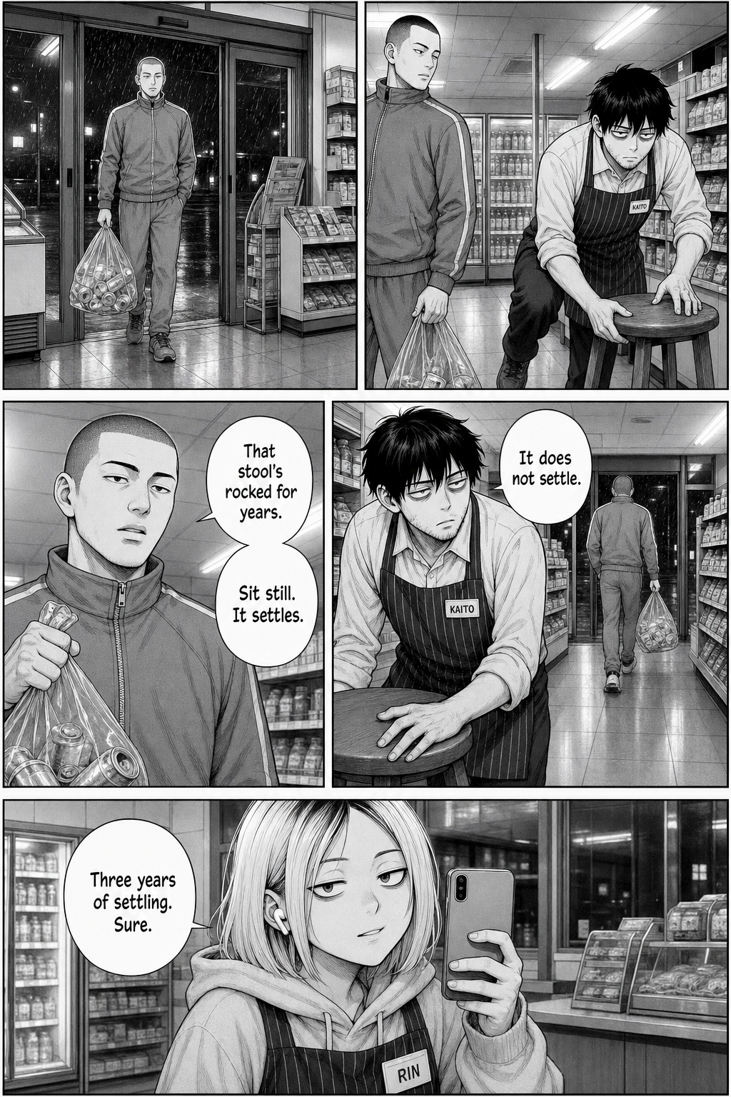 The tracksuit regular with a clear bag of cans enters, glances at Kaito wrestling the stool, and says it has rocked for years; Kaito disagrees; Rin films.