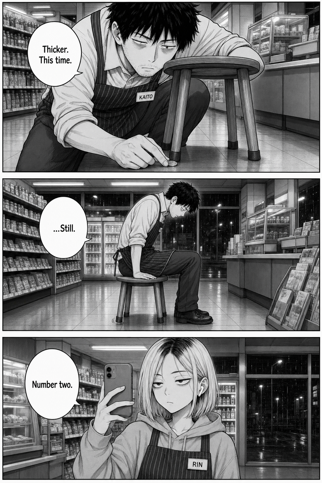 Kaito slides a coin under a stool foot; the side-view beat repeats with him palm-flat and dead-eyed; Rin films.