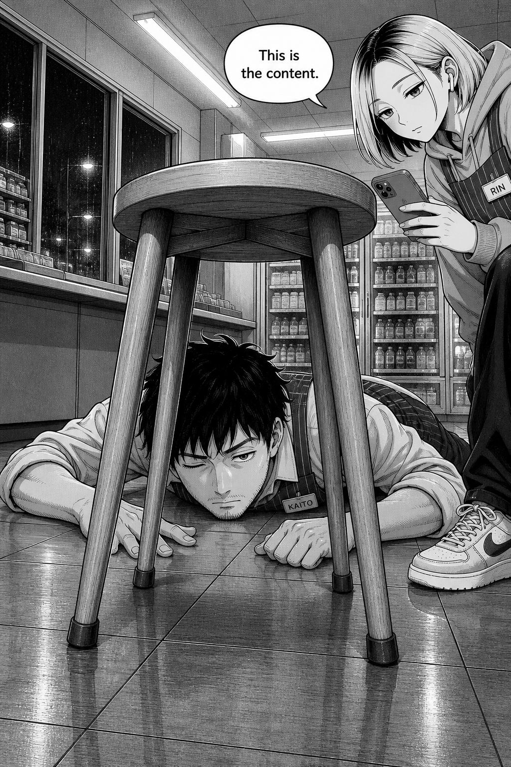 Floor-level view: Kaito lies flat on the tiles, cheek down, sighting along the four stool legs like a pool shot, while Rin films from above.
