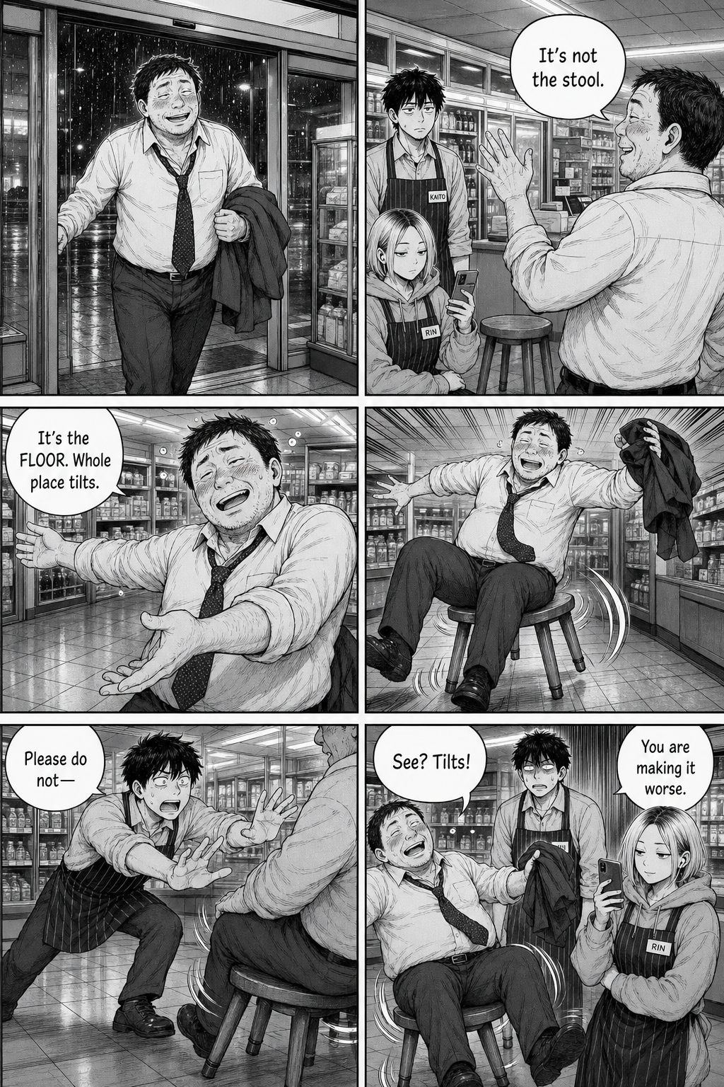 Dense six-panel scene: a drunk salaryman insists the floor tilts, flops onto the stool and rocks it hard while Kaito tries to stop him and Rin films.