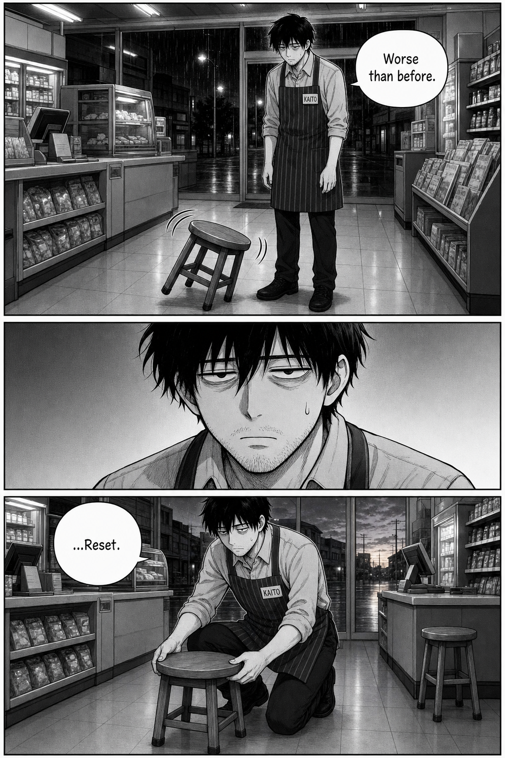 The salaryman gone, the stool still rocks on its own; a close-up of Kaito's exhausted face; he crouches to set the stool square again.