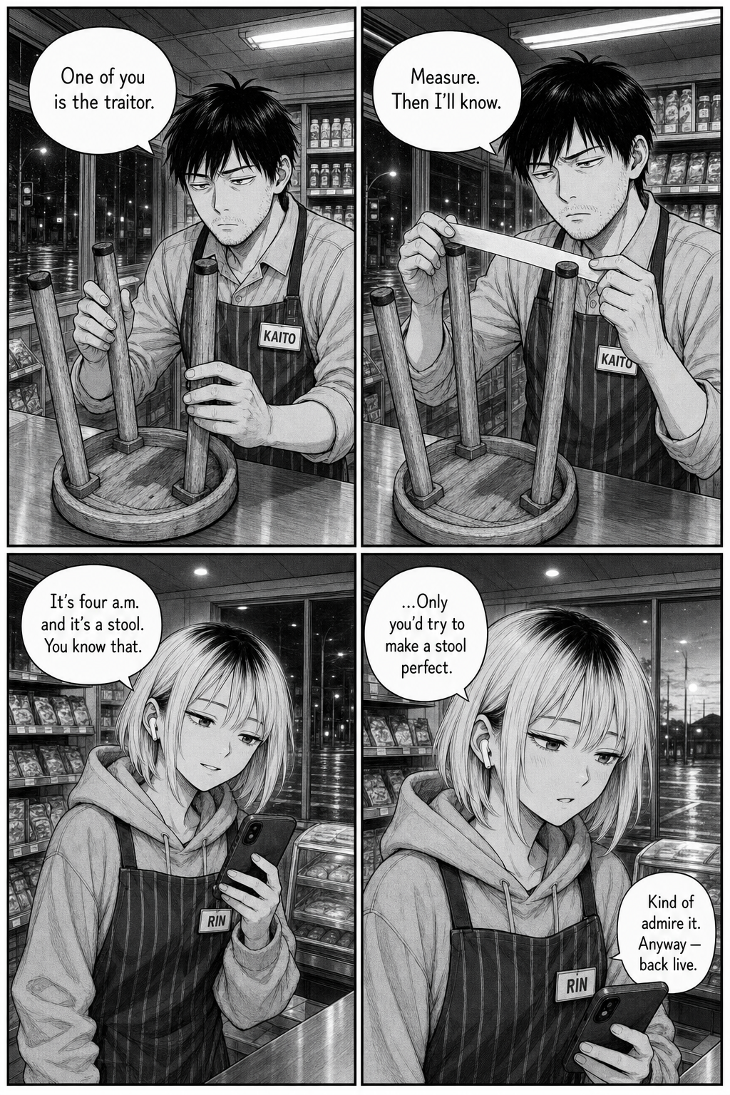 Kaito holds the stool upside-down on the counter and measures its legs with a blank paper strip; Rin lowers her phone with a rare soft look before going back live.