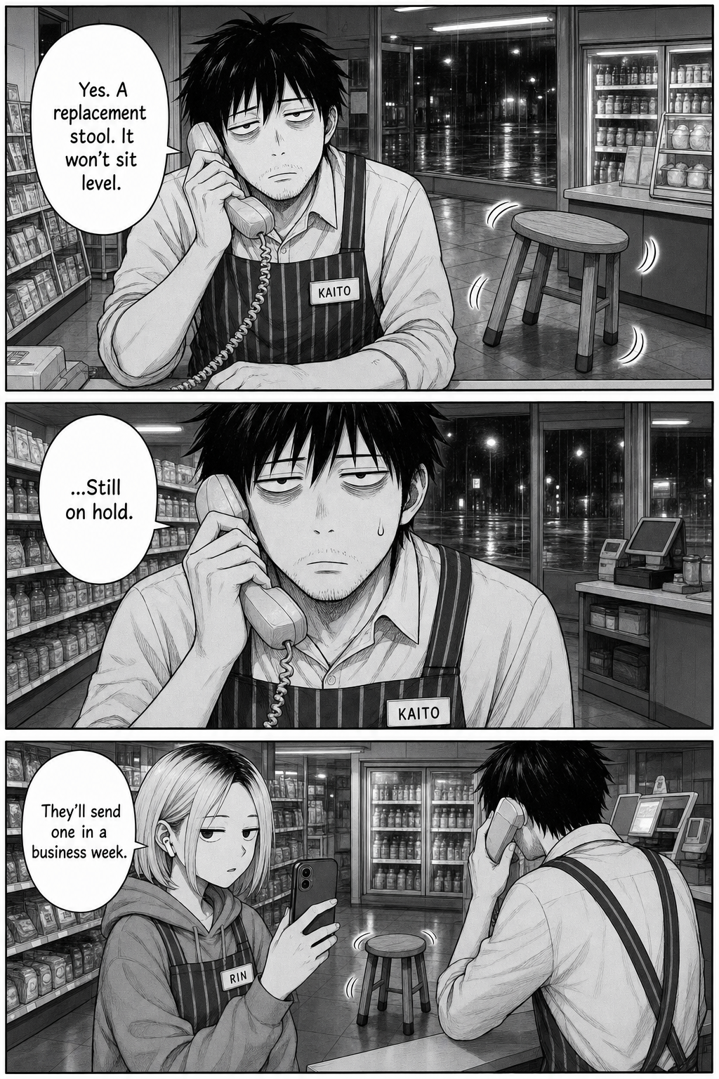 Kaito holds a beige phone to his ear while the stool rocks beside him; he waits on hold; Rin films and predicts a business-week wait.