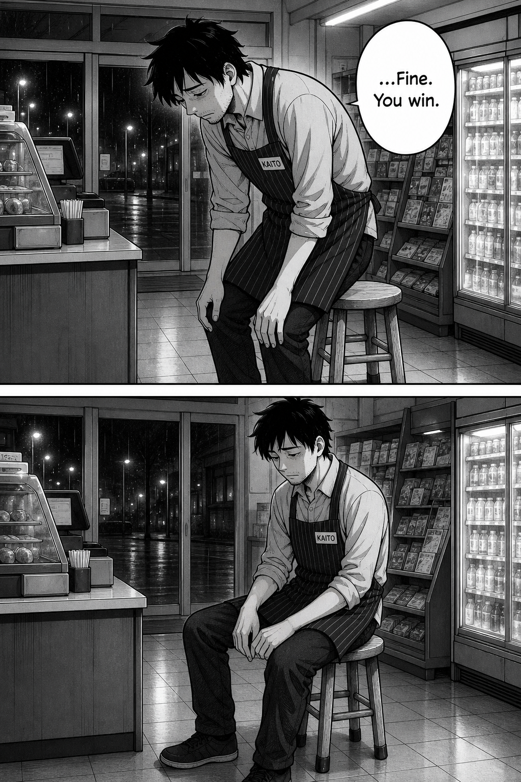 Hollow and exhausted, Kaito lowers himself onto the stool without bracing and gives up; a silent panel shows him slumped, seated, hands loose.