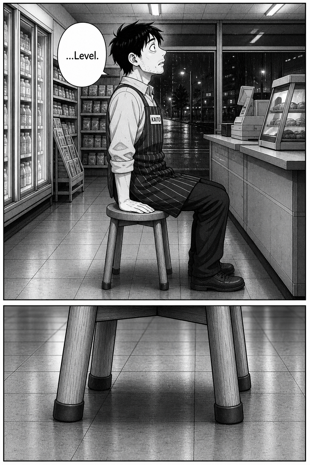 The running beat inverted: Kaito sits palm-flat on the stool but now all four feet are flush on the floor; his eyes widen with serene relief; close-up of the still, level feet.