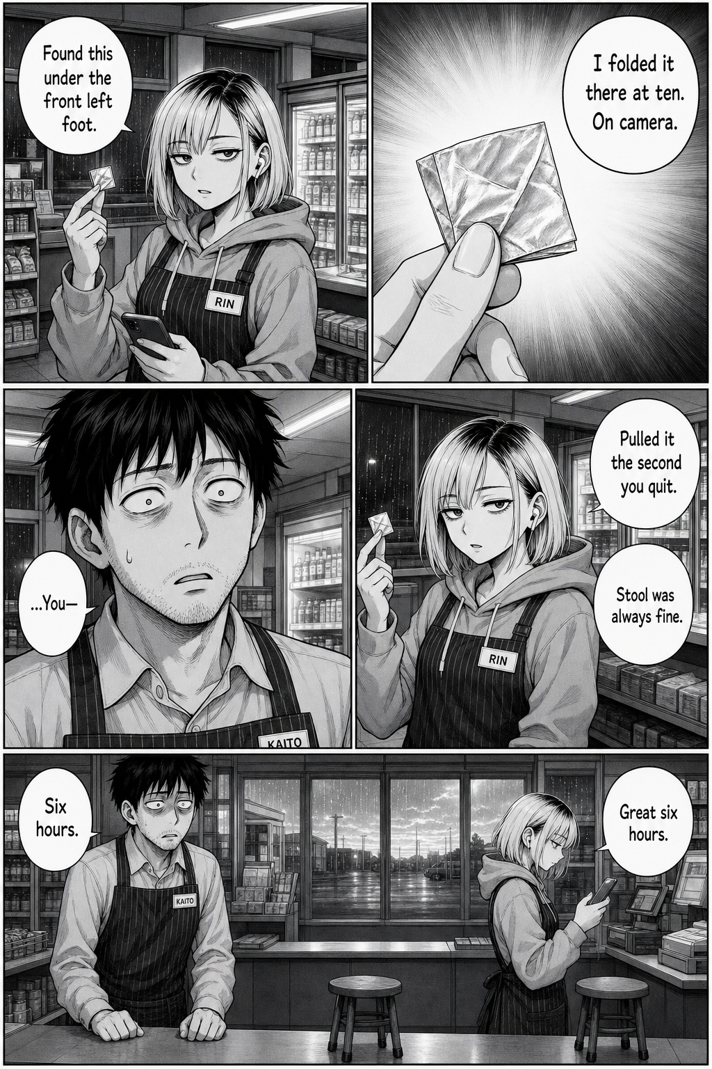 Rin holds up a small folded gum wrapper she planted under a stool foot at ten o'clock; Kaito's horror dawns as she says the stool was always fine.