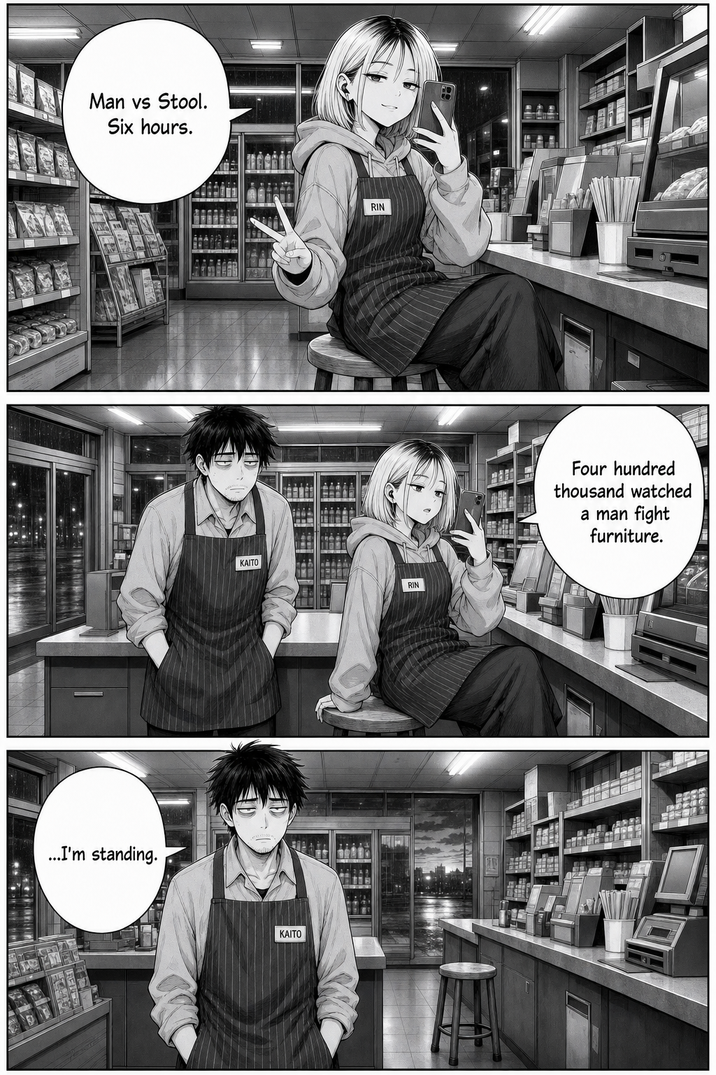 Rin sits on the now-perfect stool filming herself with a peace sign; Kaito stands beside her empty-handed; final panel he stands alone with no stool.