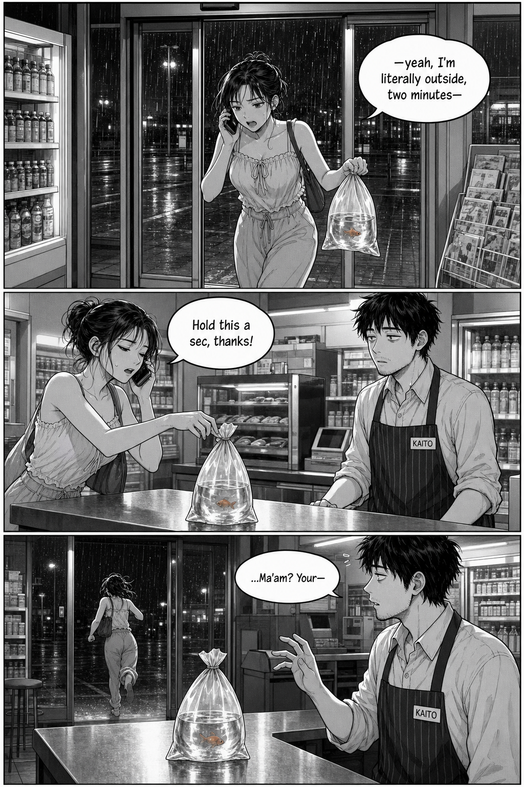 Three panels: a frazzled young woman hurries in from the rain carrying a water bag with one goldfish, sets it on the counter mid-phone-call, then bolts back out, leaving it behind as Kaito reaches after her.