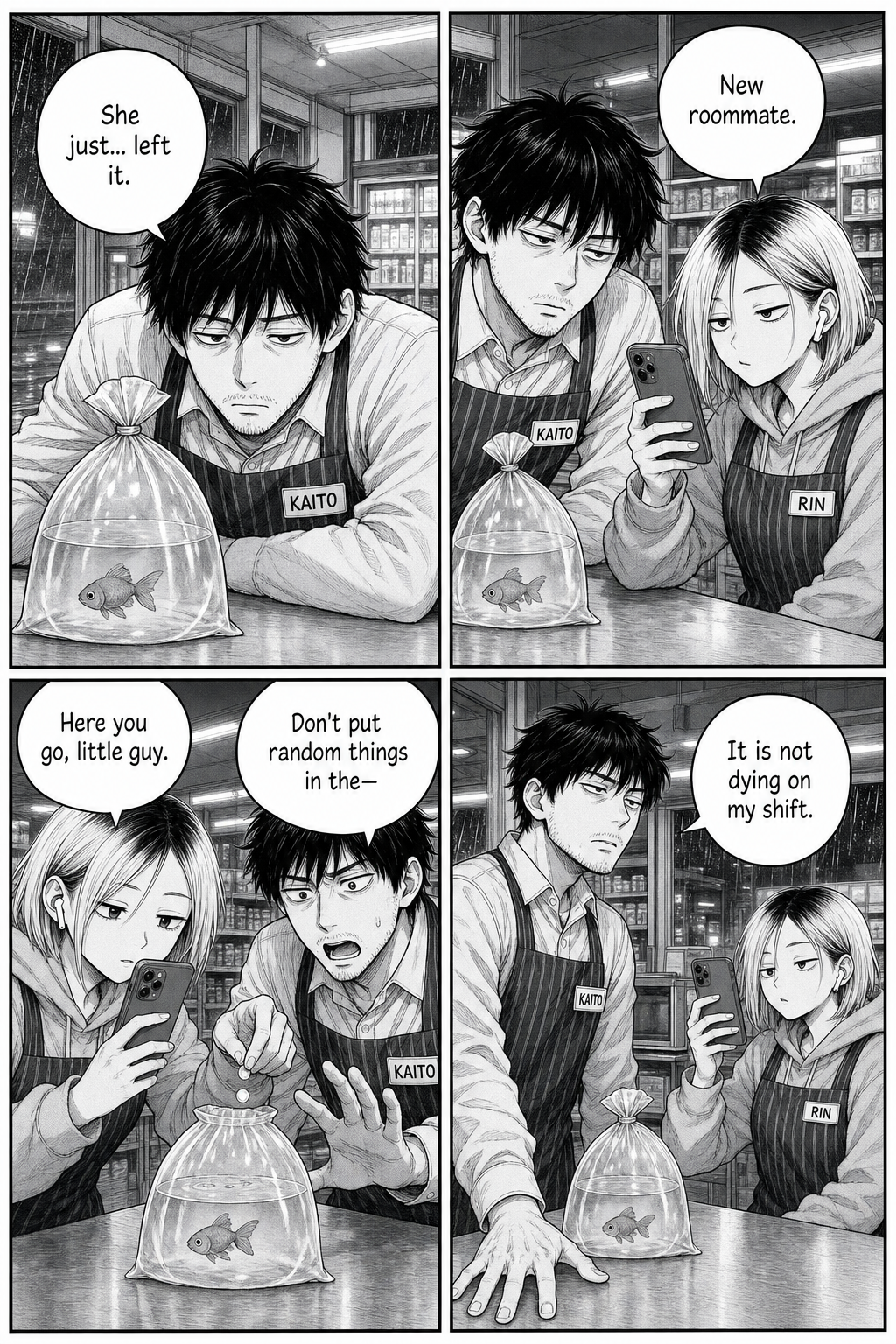 Four panels: Kaito stares at the abandoned goldfish bag; Rin films it and secretly drops a tiny white tablet into the water while Kaito reaches to stop her; Kaito sets his jaw with determination.