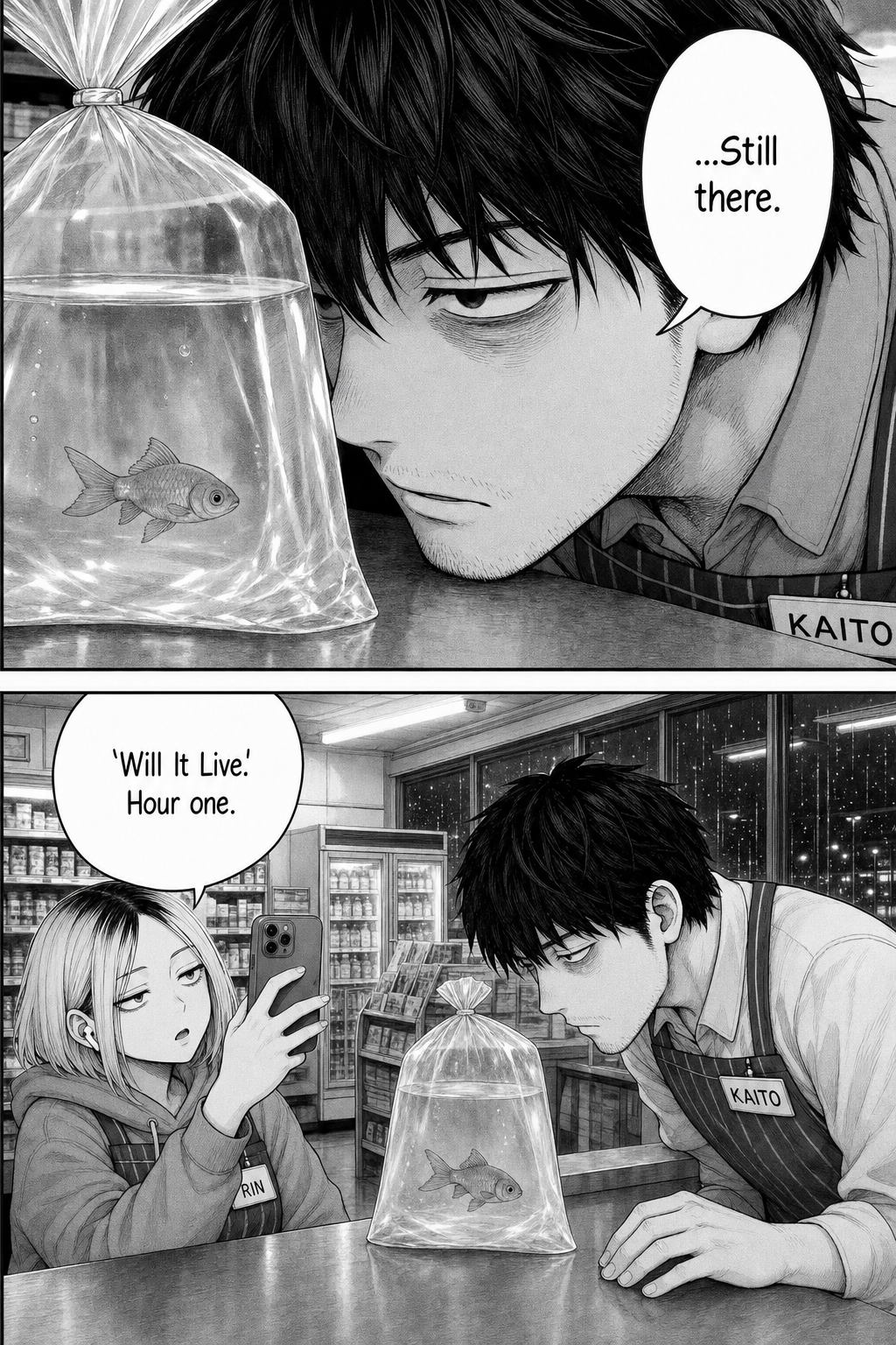 Two panels: an extreme close-up of Kaito leaning nose-close to the goldfish bag muttering that it's still there; Rin films him and narrates for her stream.