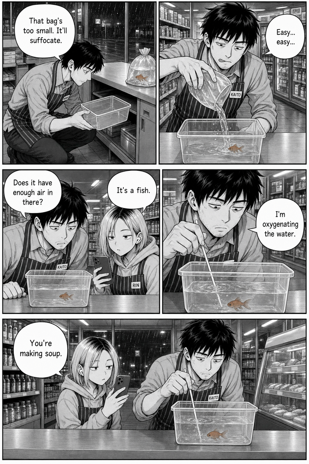 Five panels: Kaito digs out a clear plastic tub, pours the goldfish and water into it, worries whether it has enough air, then stirs the surface with a straw to add oxygen while Rin says he's making soup.