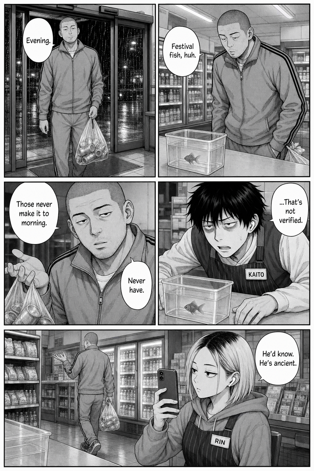 Five panels: the tall shaved-head tracksuit regular with his bag of empty cans comes in, looks at the goldfish tub, and flatly declares festival fish never survive the night; Kaito insists that's unverified while Rin films.