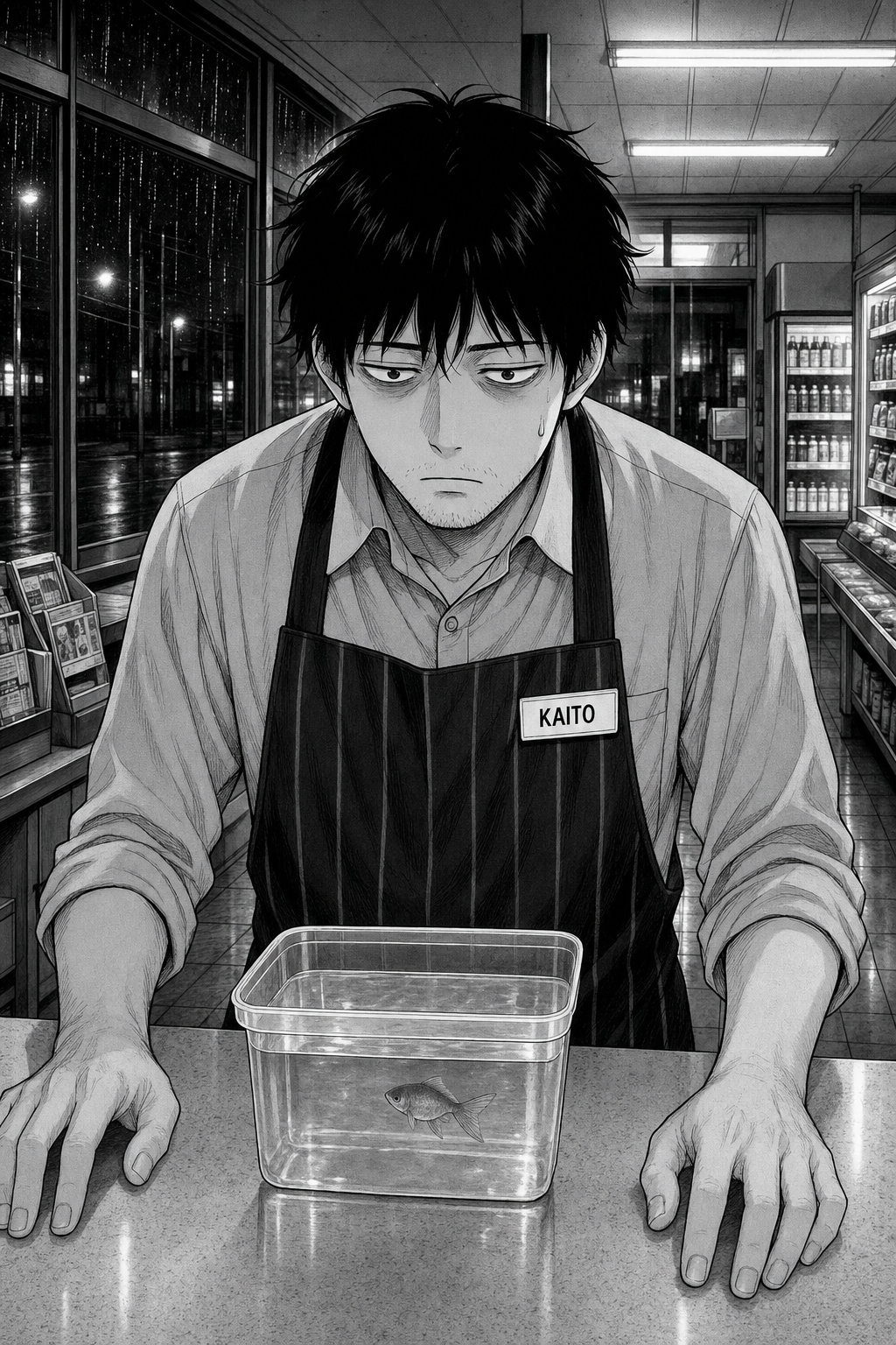 A single silent panel: Kaito stands frozen behind the counter, dead-eyed and unblinking, one bead of sweat on his temple, staring at the goldfish tub. No dialogue.