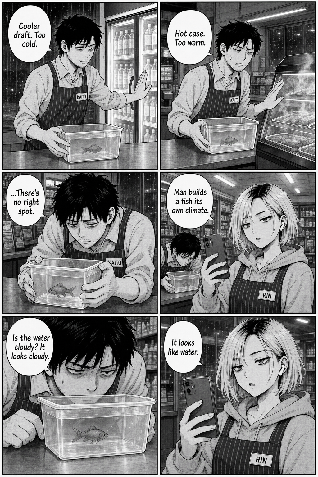 Six panels: Kaito shuttles the goldfish tub away from the cold cooler, then away from the hot-food case, finding no right spot; he sniffs the water suspecting it's cloudy while Rin deadpans that it looks like water.