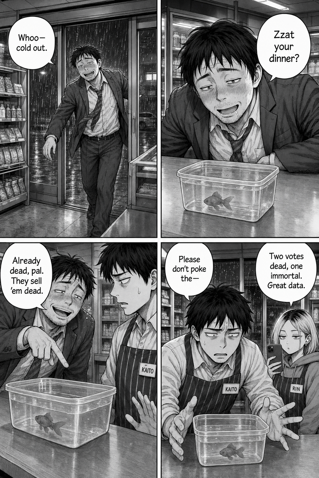 Four panels: a rumpled drunk salaryman sways in, peers at the goldfish, and insists it's already dead because 'they sell 'em dead,' jabbing toward the tub; Kaito shields it while Rin tallies the contradictory verdicts.