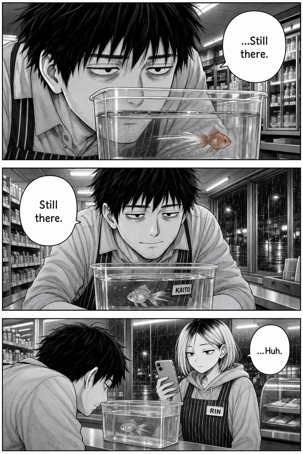 Three panels: Kaito leans in close, the goldfish darts, and he mutters it's still there; relief crosses his face; Rin films but her flat expression softens the tiniest bit.