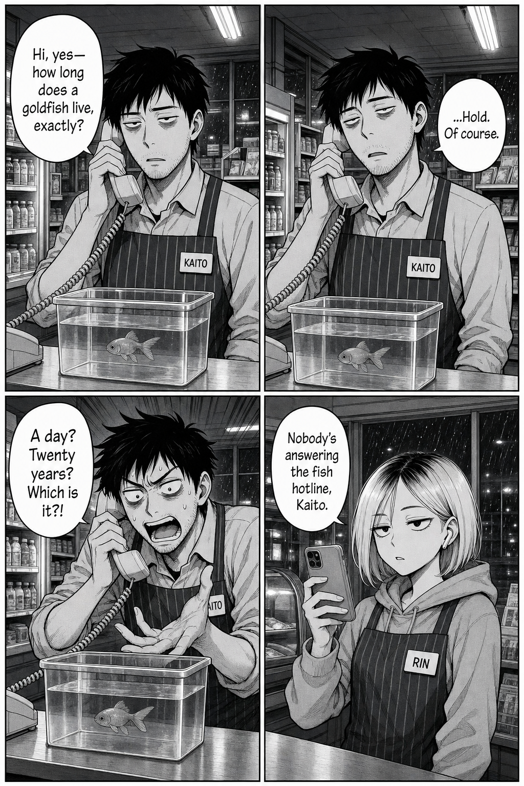 Four panels: Kaito phones a hotline to ask how long a goldfish lives, gets put on hold, and spirals about whether it's a day or twenty years while Rin deadpans that nobody answers the fish hotline.