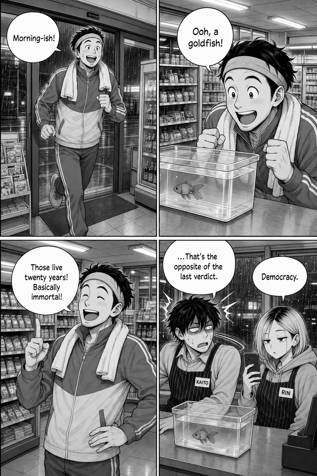 Four panels: a cheerful jogger with a towel and headband bounces in, spots the goldfish, and insists they live twenty years and are basically immortal; Kaito whiplashes at the contradiction while Rin says 'democracy.'
