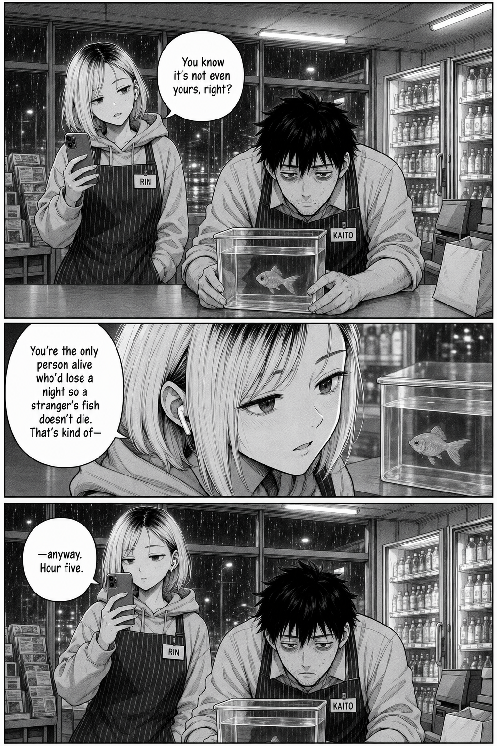 Three panels: Rin lowers her phone and, in a rare soft moment, tells Kaito he's the only person who'd lose a night so a stranger's fish doesn't die — then catches herself and raises the phone again.