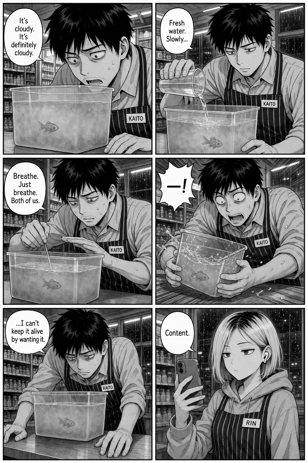 Six panels: convinced the water's gone cloudy, Kaito changes water, fans and stirs it, nearly knocks the tub over and catches it, then sags, admitting he can't keep it alive by wanting to, while Rin says 'content.'