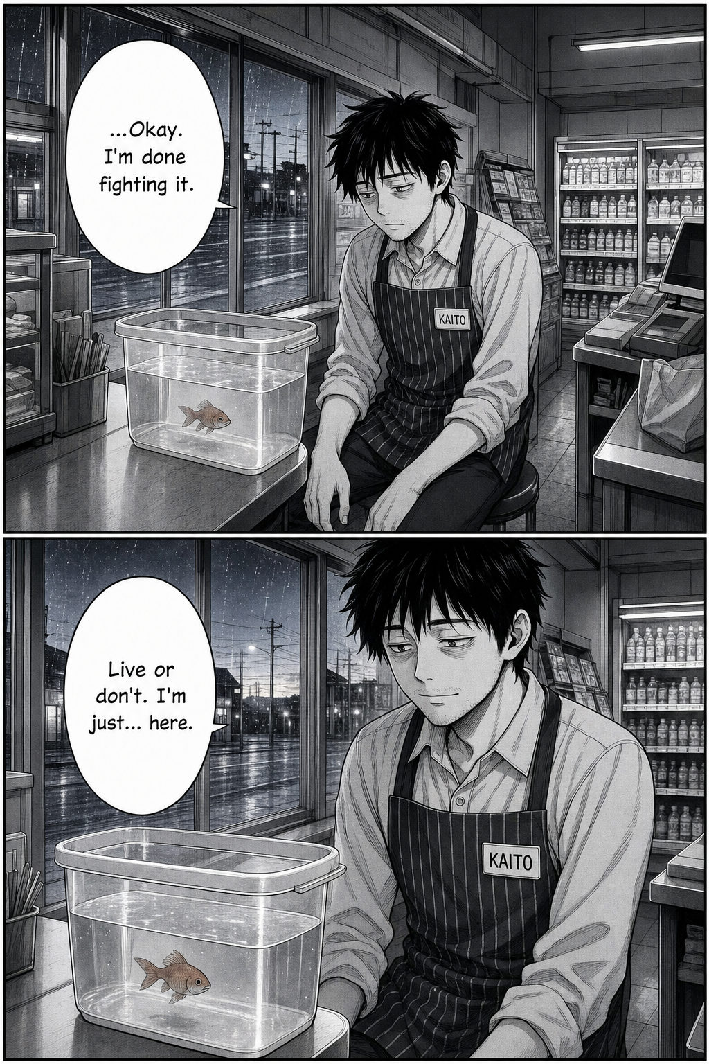 Two panels at first light: exhausted, Kaito finally sits and lets his hands leave the tub, giving up control, watching the goldfish quietly with a faint serene almost-smile.