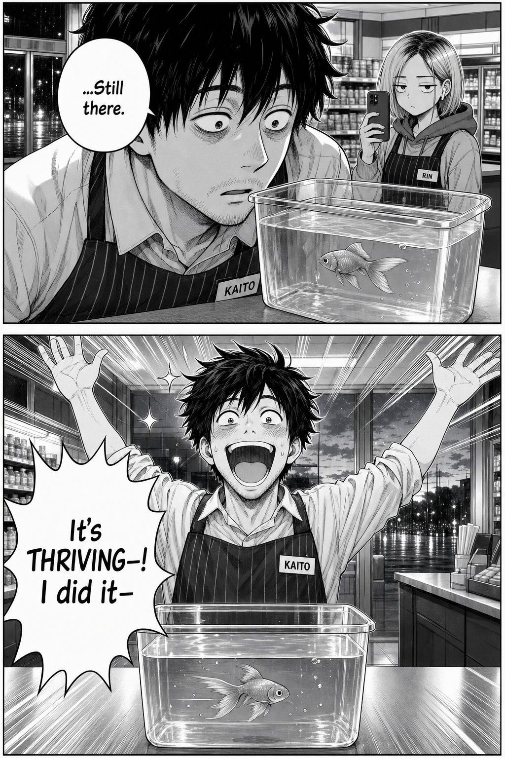 Two panels: Kaito leans in one last time and finds the goldfish darting and thriving; he erupts into rare pure joy, both hands raised, shouting that it's thriving and he did it.