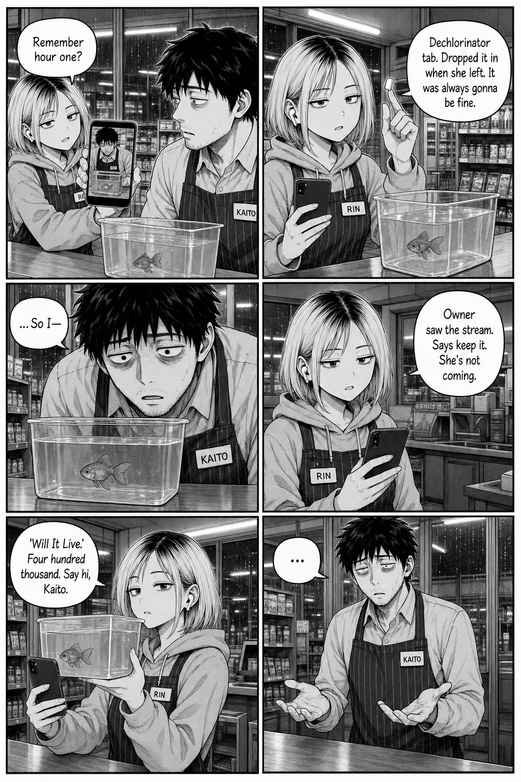 Six panels: Rin reveals she dropped a dechlorinator tablet in at hour one so the fish was always fine, and that the owner saw the stream and won't be back; she lifts the tub for her outro while Kaito is left with empty hands.