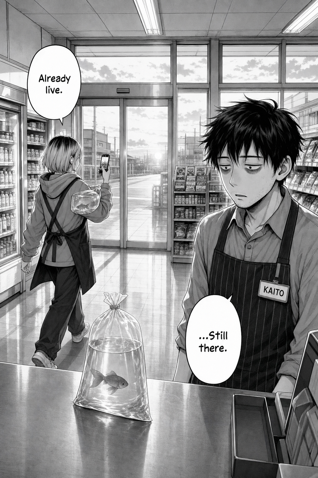 Final wide panel at dawn, mirroring the opening: the rain has stopped and daylight fills the spotless store; Rin walks off filming, cradling the goldfish tub, while a new water bag with a fresh goldfish already sits on the bare counter and Kaito stares at it, empty-handed.