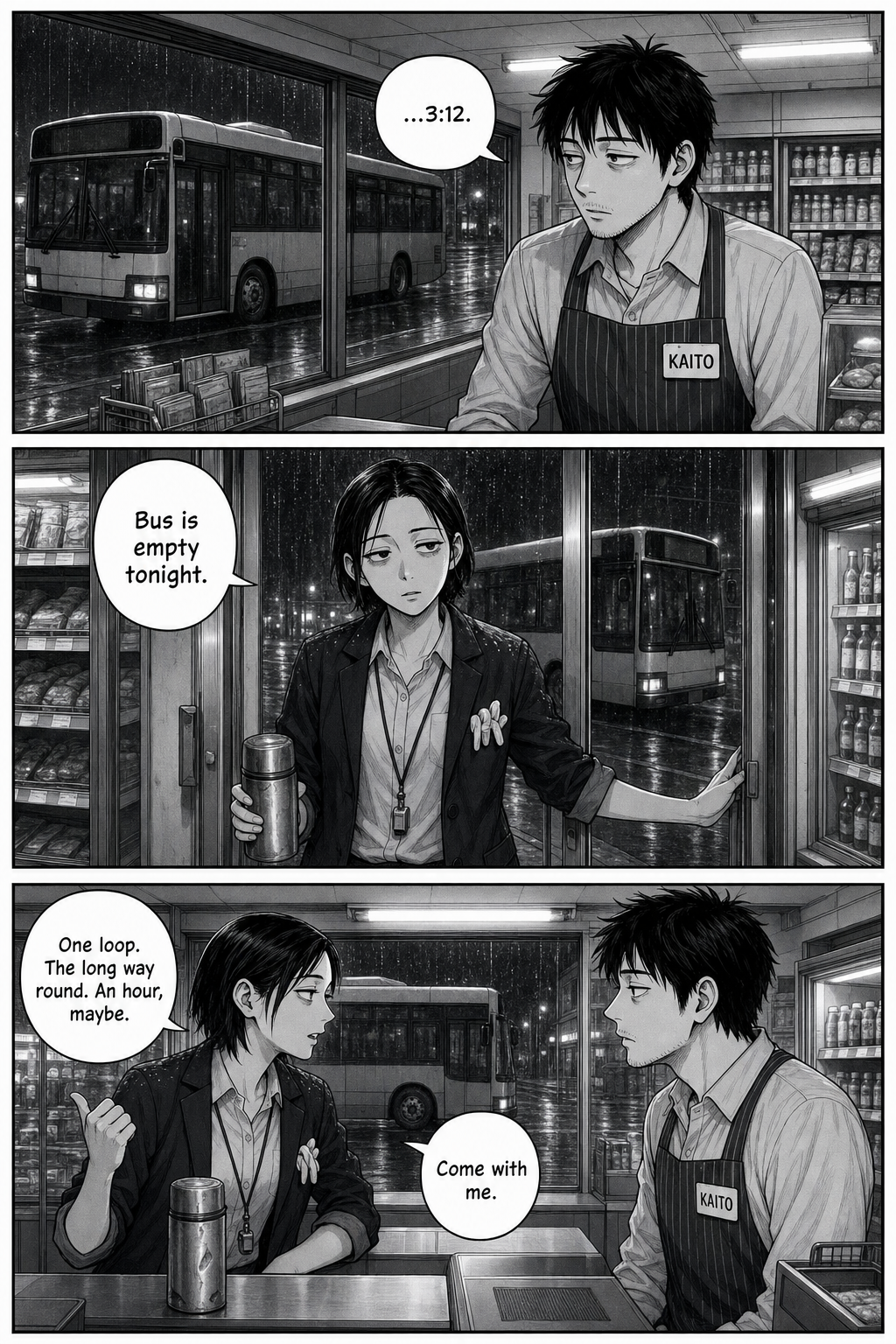 The night bus parks outside; Yuki enters with a thermos and offers Kaito a ride — one loop, the long way round.