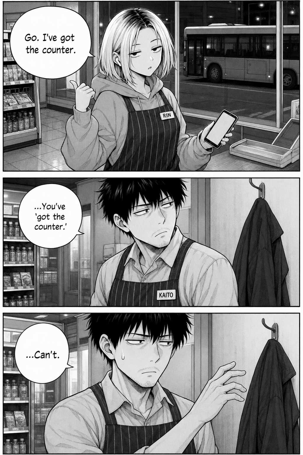 Rin offers to cover the counter; Kaito reaches for his coat on the wall hook, stops, and pulls his hand back — '...Can't.'