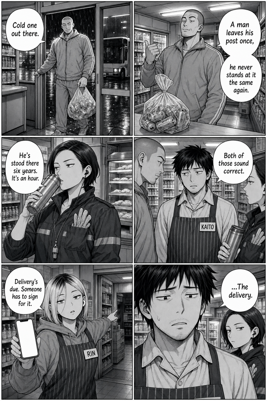 The tracksuit regular says a man who leaves his post never stands at it the same; Rin invents a delivery to keep Kaito from going.