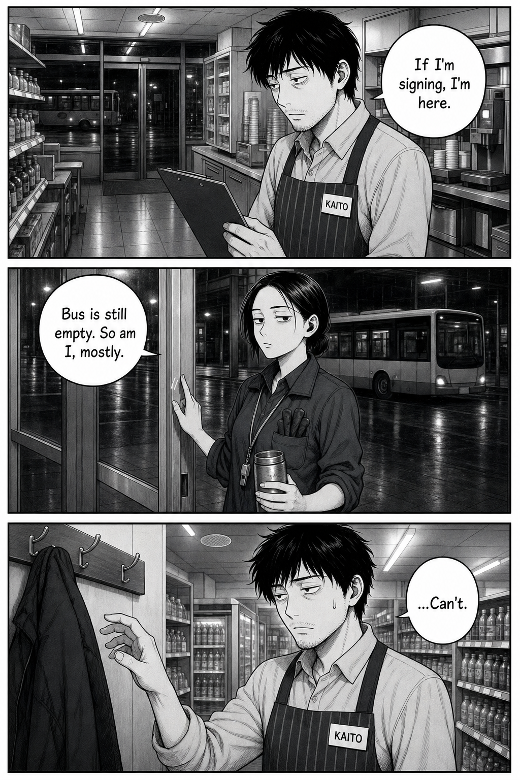 Kaito frets over the invented delivery; Yuki waits by the door; he reaches for the coat again and stops — '...Can't.'