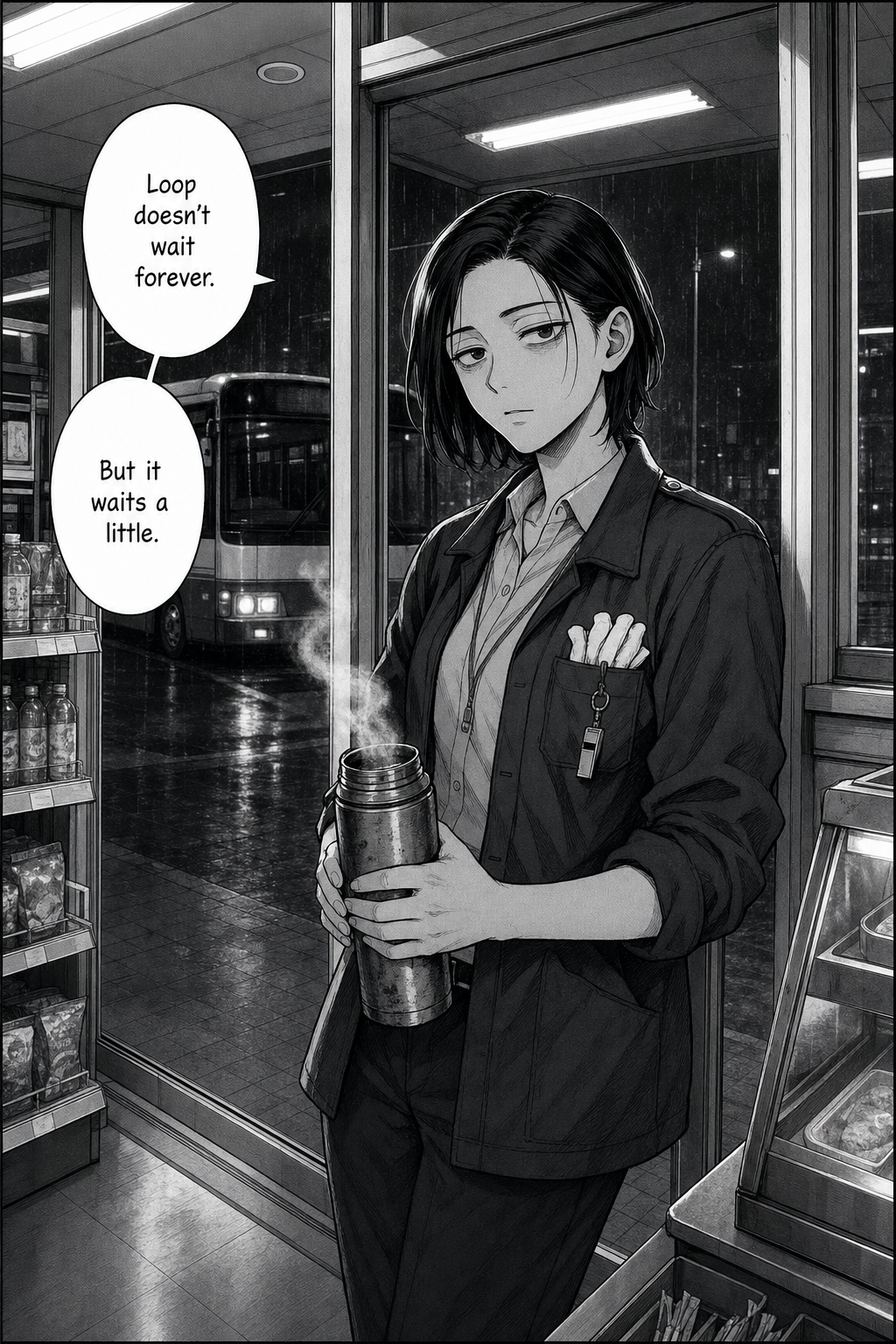 A quiet single panel: Yuki stands just inside the door holding her steaming thermos, the empty bus glowing outside in the rain.