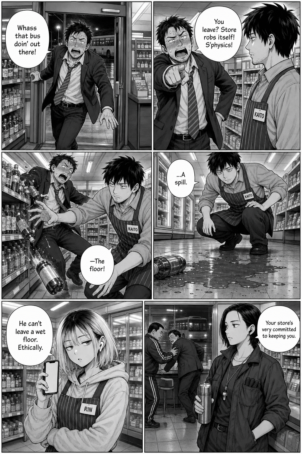 A drunk salaryman insists the store will rob itself if Kaito leaves, knocks a bottle over, and Kaito is trapped by the spill.